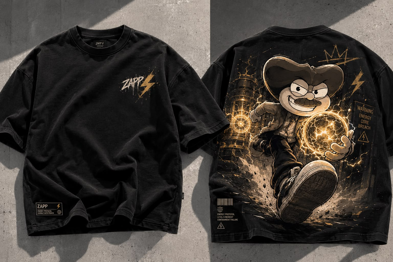 ZAPP Energy Protocol vintage washed black tee front and back