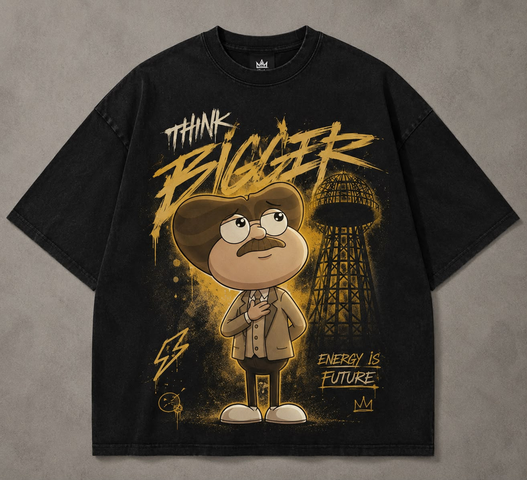 ZAPP Think Bigger vintage washed black tee with young Tesla mascot