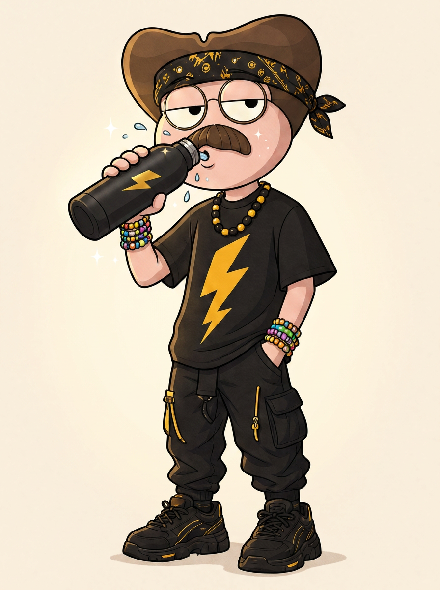 ZAPP mascot with the Free Energy steel bottle