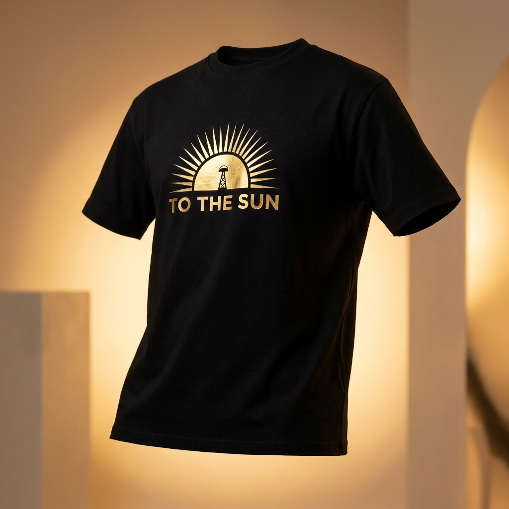 ZAPP To the SUN black tee with golden sun and tower