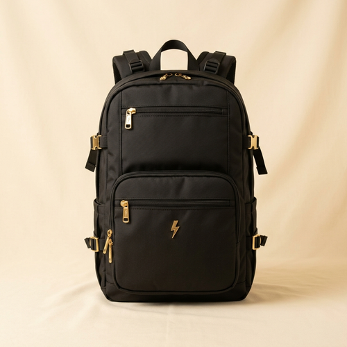 ⚡ZAPP matte black backpack seen from the front with gold zip pulls
