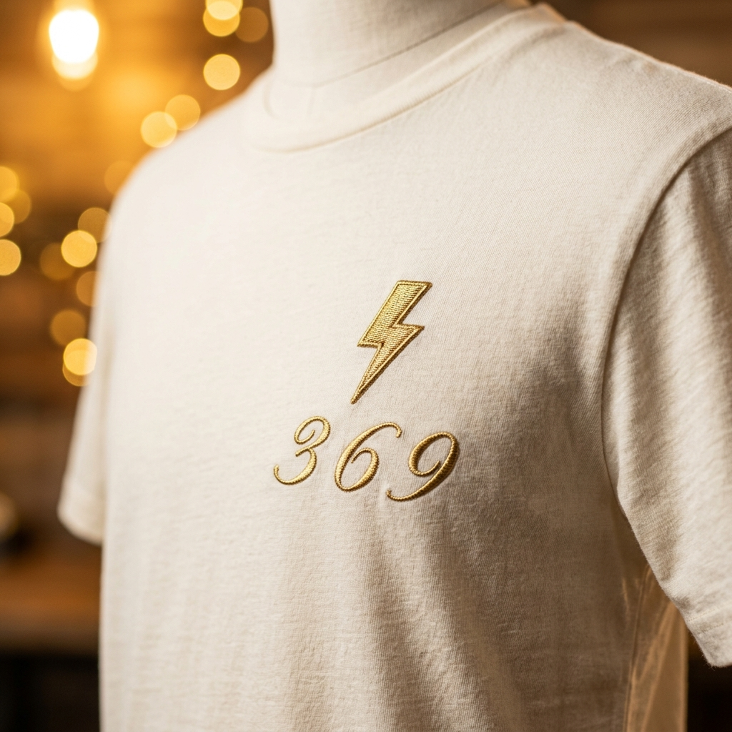 ⚡ZAPP cream tee with a gold embroidered bolt and 3 6 9 in gold script