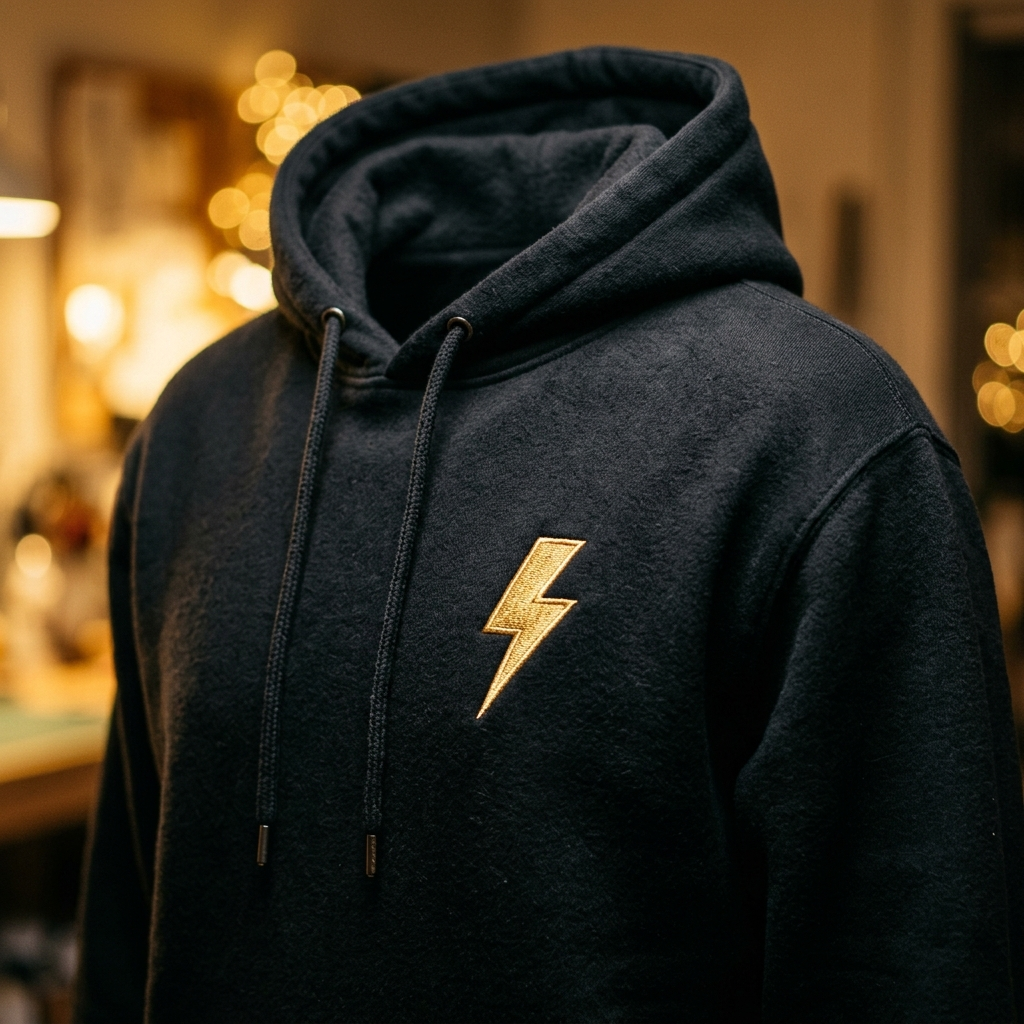 ⚡ZAPP heavyweight black hoodie with a raised gold embroidered bolt on the chest