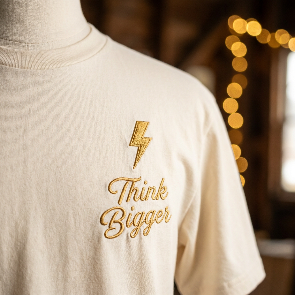 ⚡ZAPP cream tee with a gold embroidered bolt and Think Bigger in gold script