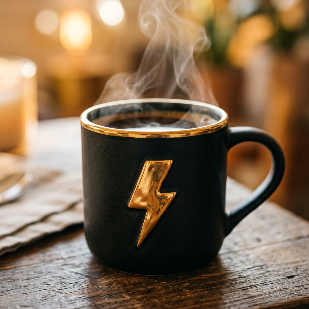⚡ZAPP matte black ceramic mug with a raised gold bolt and steam rising