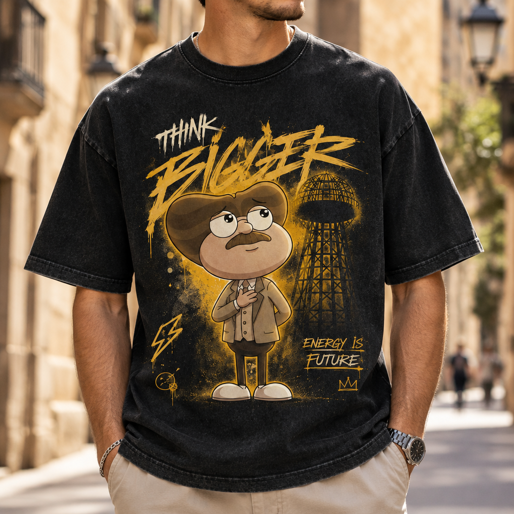 ⚡ZAPP Think Bigger vintage washed black tee worn on a Barcelona street