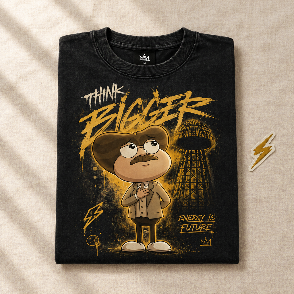 ⚡ZAPP Think Bigger vintage washed black tee folded, flat lay