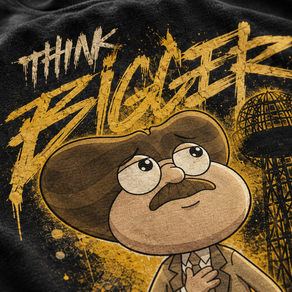 ⚡ZAPP Think Bigger tee, close up of the gold print and mascot