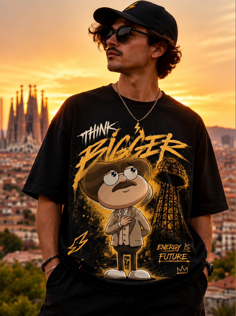 ⚡ZAPP Think Bigger black tee worn at sunset in Barcelona with the Sagrada Família behind